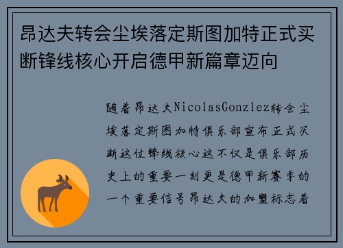 昂达夫转会尘埃落定斯图加特正式买断锋线核心开启德甲新篇章迈向